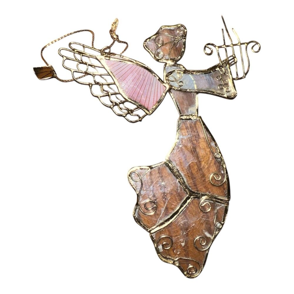 Angel W/Harp Capiz Shell Gold Tone Christmas Home Decor Phillipines Vintage